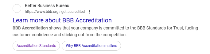 A google search result for bbb.org, with an empty white circle in place of a favicon
